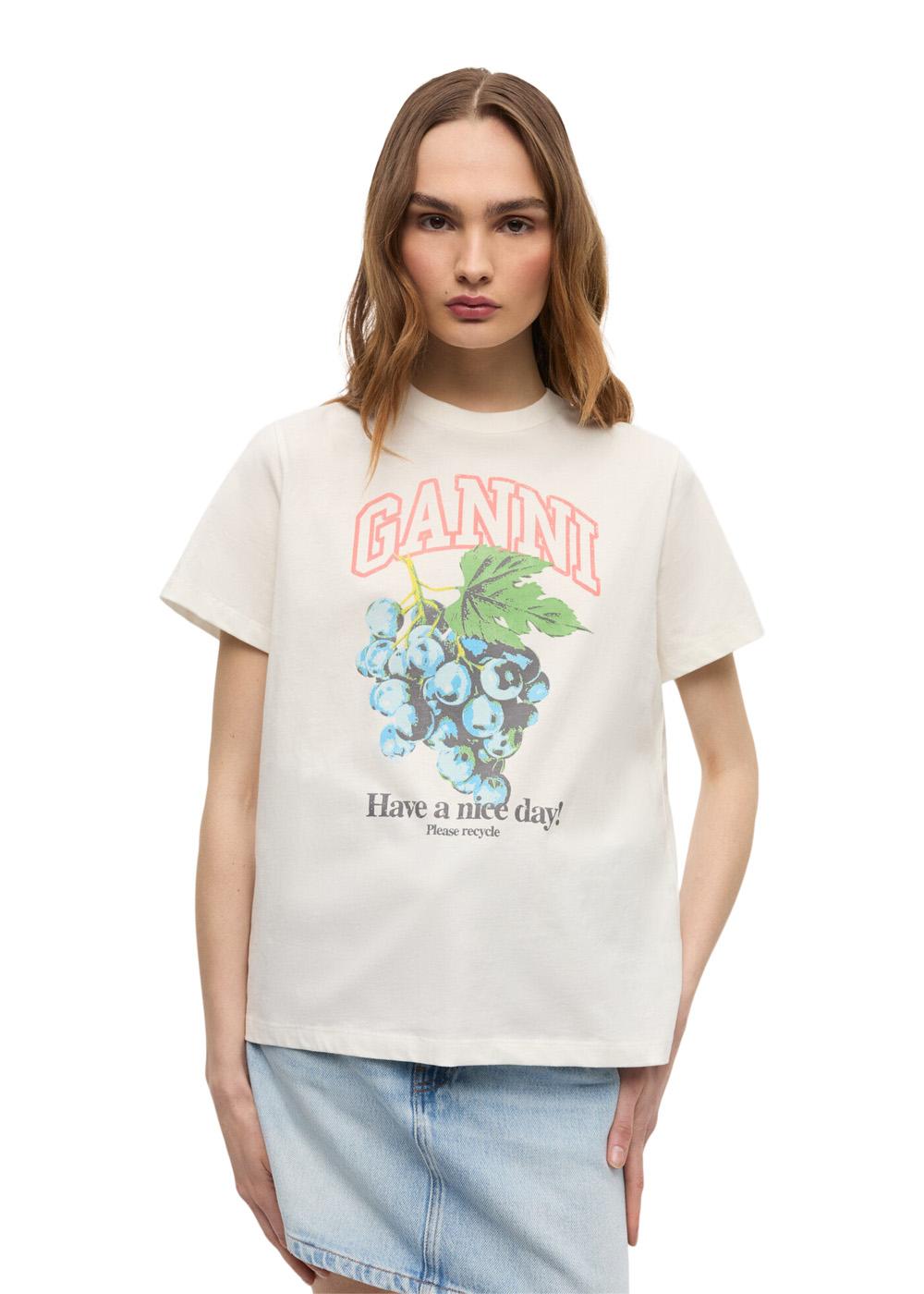 Basic Cotton Jersey Grapes Relaxed T-shirt - Egret-T-shirts-Ganni-Butler Loftet