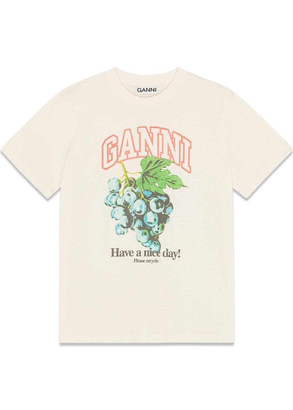 Basic Cotton Jersey Grapes Relaxed T-shirt - Egret-T-shirts-Ganni-Butler Loftet