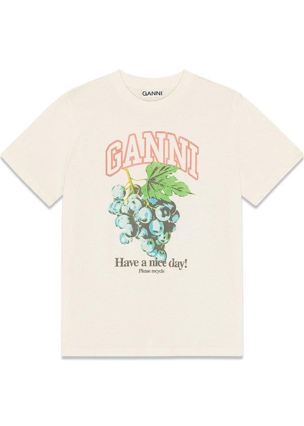 Basic Cotton Jersey Grapes Relaxed T-shirt - Egret-T-shirts-Ganni-Butler Loftet