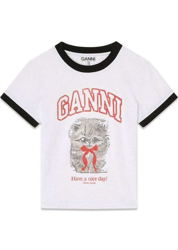 Basic Cotton Jersey Margot Kitty Print - Bright White-T-shirts-Ganni-Butler Loftet