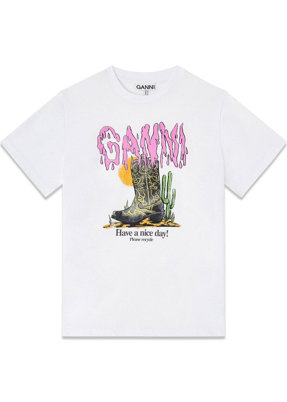 Basic Cotton Jersey T-shirt Boots Print - Bright White-T-shirts-Ganni-Butler Loftet