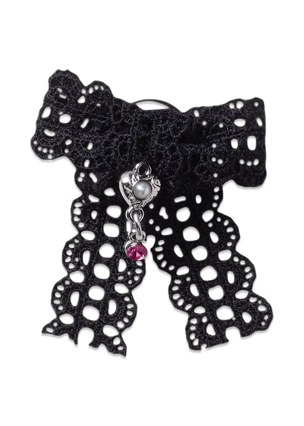 Black Lace Bow Silver Heart - Black