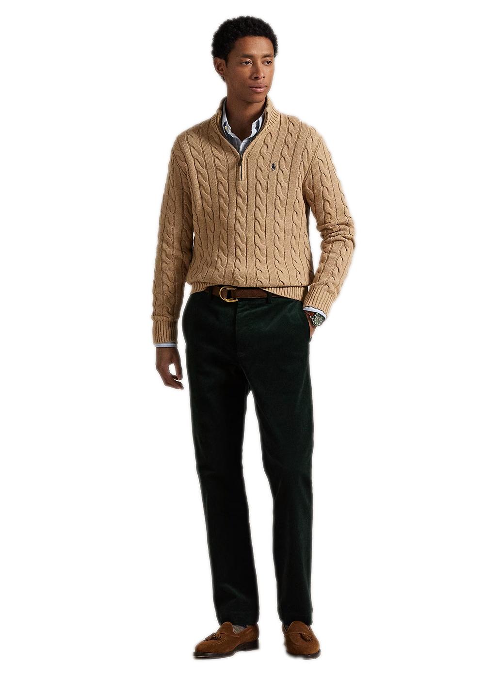 Cable Knit Cotton Quater Zip Sweater - Brown-Knitwear-Ralph Lauren-Butler Loftet