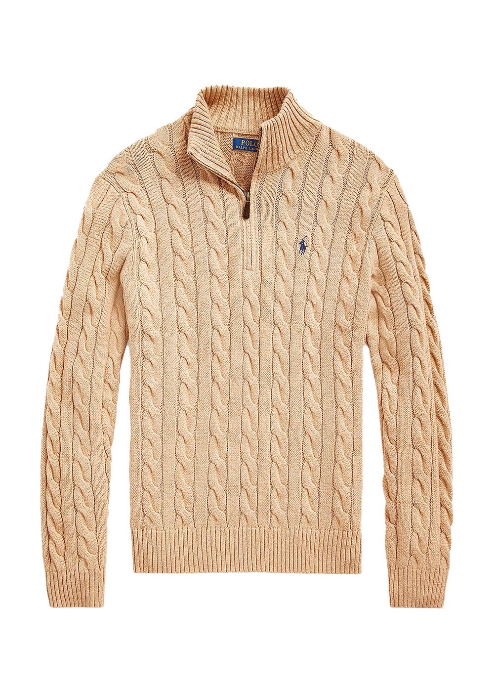 Cable Knit Cotton Quater Zip Sweater - Brown-Knitwear-Ralph Lauren-Butler Loftet