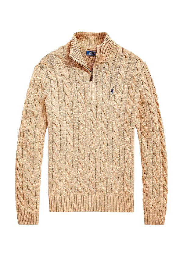 Cable Knit Cotton Quater Zip Sweater - Brown-Knitwear-Ralph Lauren-Butler Loftet