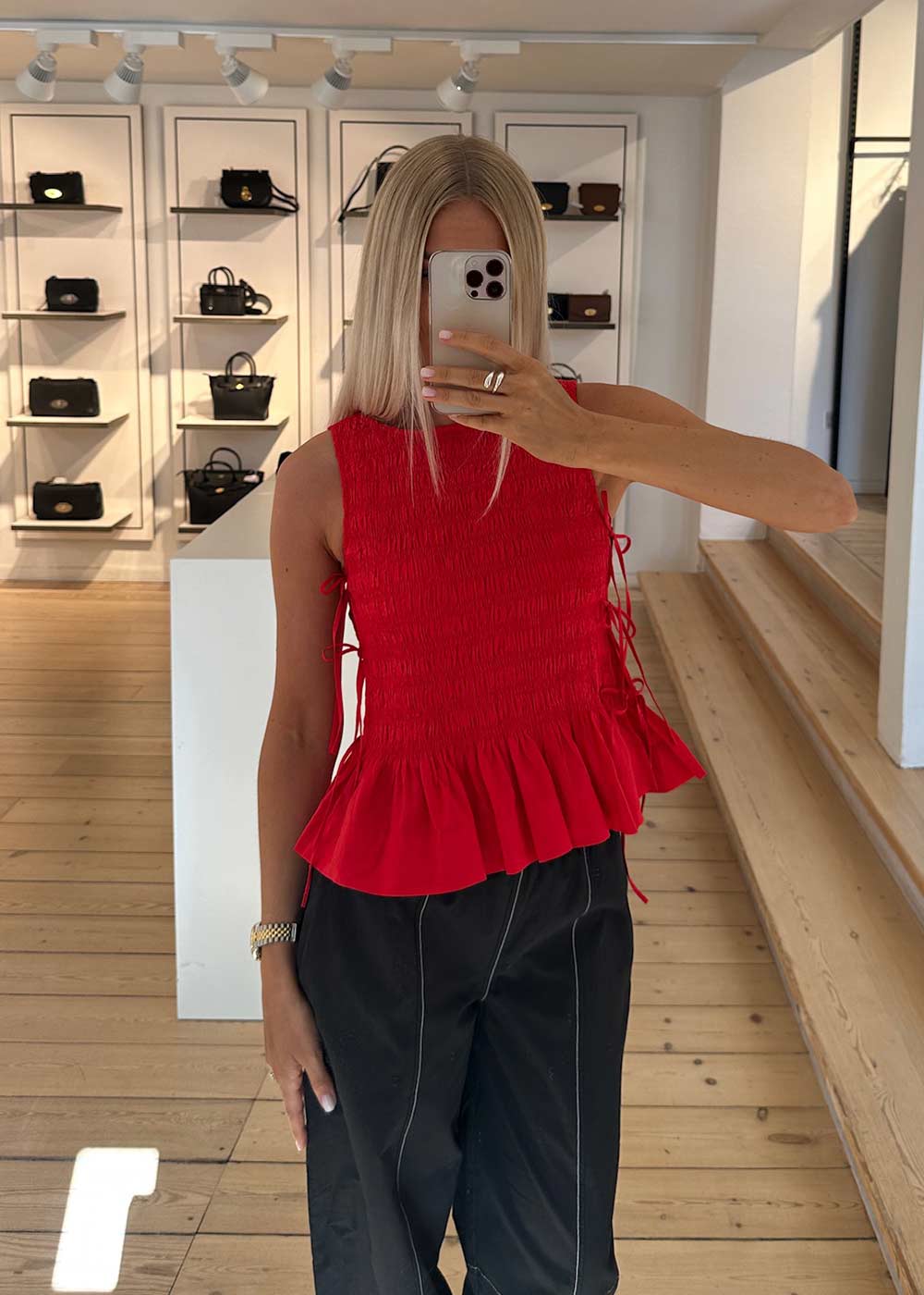Cotton Poplin Smock Tie String Top - Racing Red-Top-Ganni-Butler Loftet