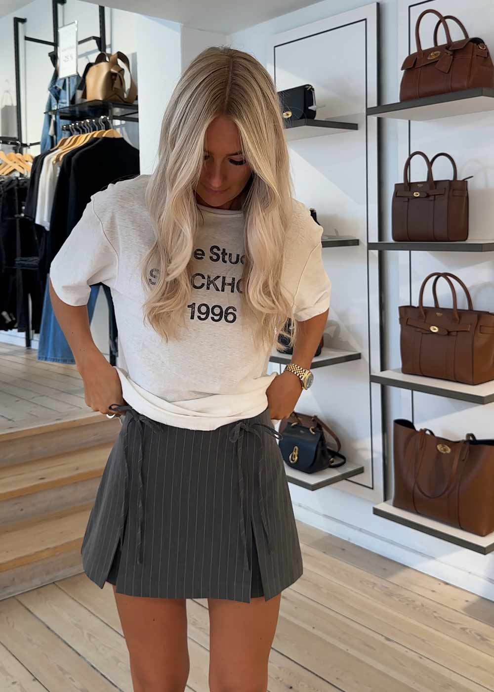 EmiliaMD bow skirt - Grey Pinstripe-Skirts-Modström-Butler Loftet
