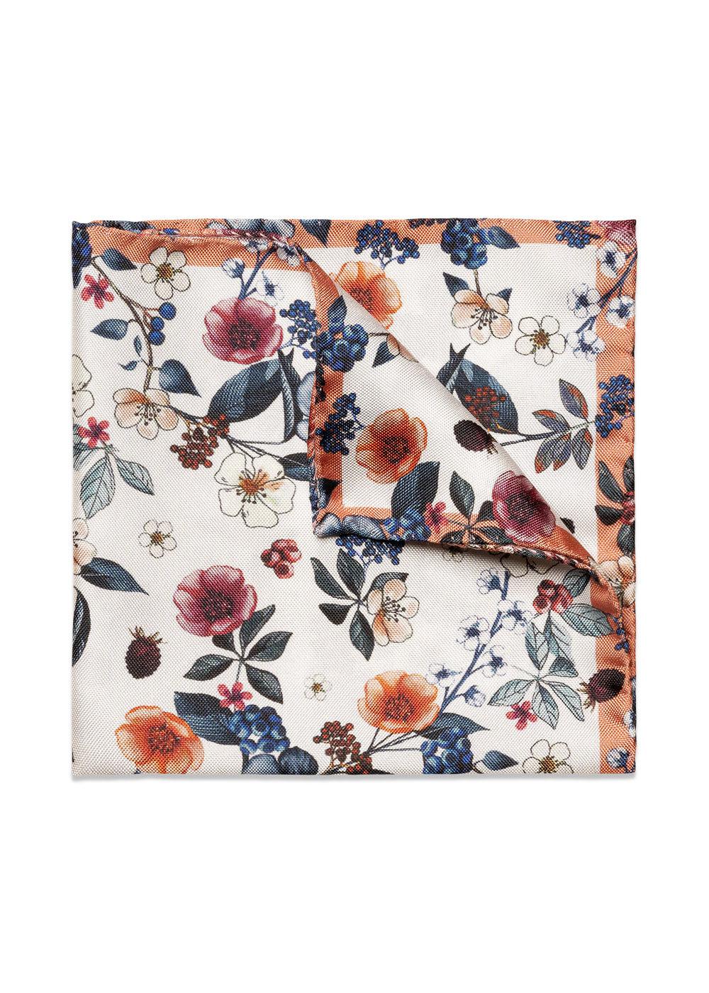 Floral Silk Twill Pocket Square - White