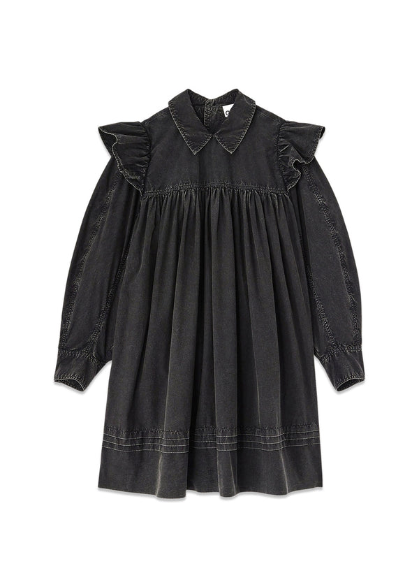Garment Dyed Cotton Mini Frill Dress - Black-Dress-Ganni-Butler Loftet