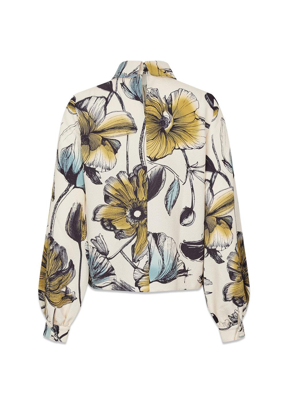 Gathered Long Sleeve Top - Fine Line Poppies