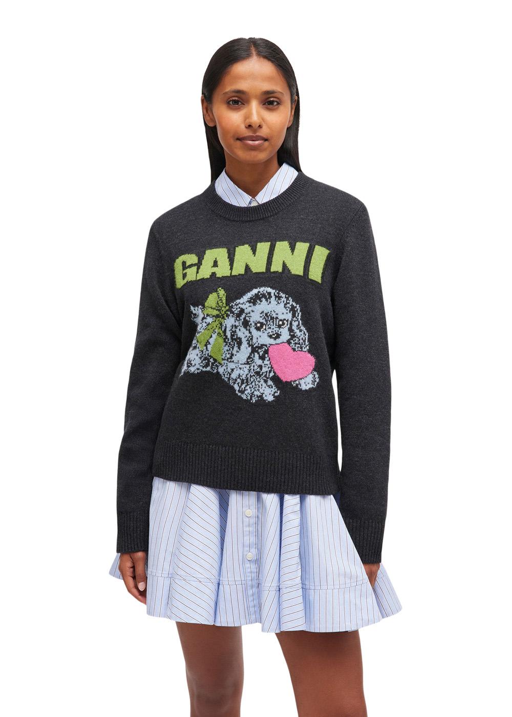 Graphic Wool Mix Puppy Love Crewneck - Phantom-Knitwear-Ganni-Butler Loftet