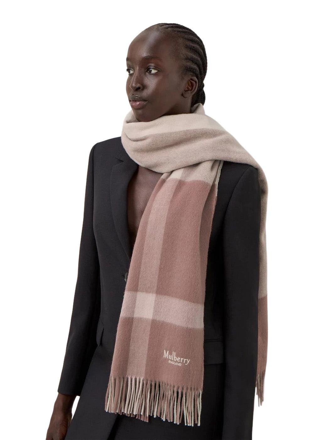 Large Check Merino Wool Scarf - Autumn Rose/Powder