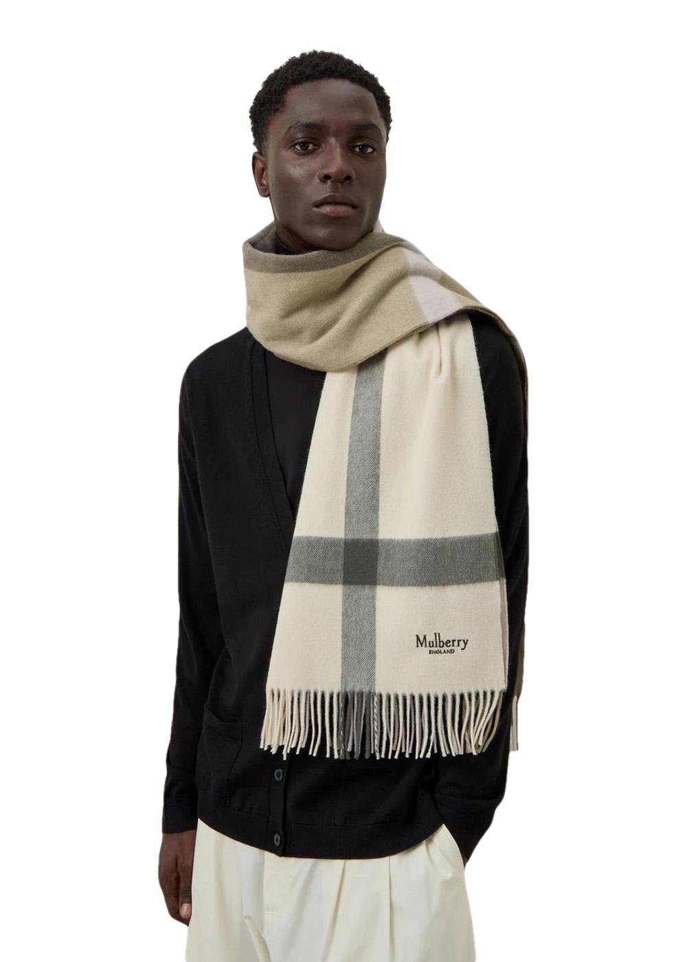 Large Check Merino Wool Scarf - Eggshell-Olive-Scarf-Mulberry-Butler Loftet