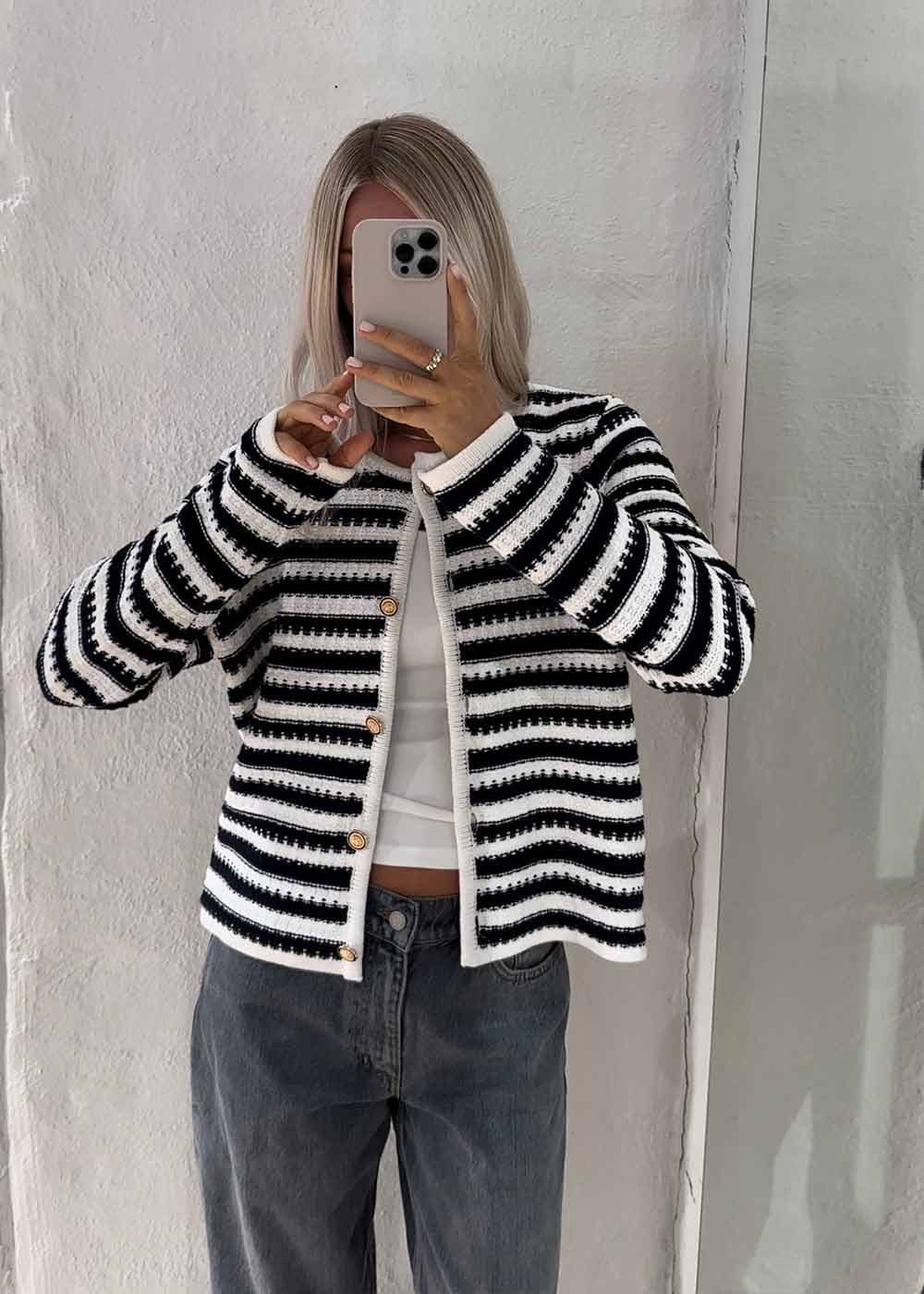 Limone Stripe Knit Jacket - Navy/White-Knitwear-Neo Noir-Butler Loftet