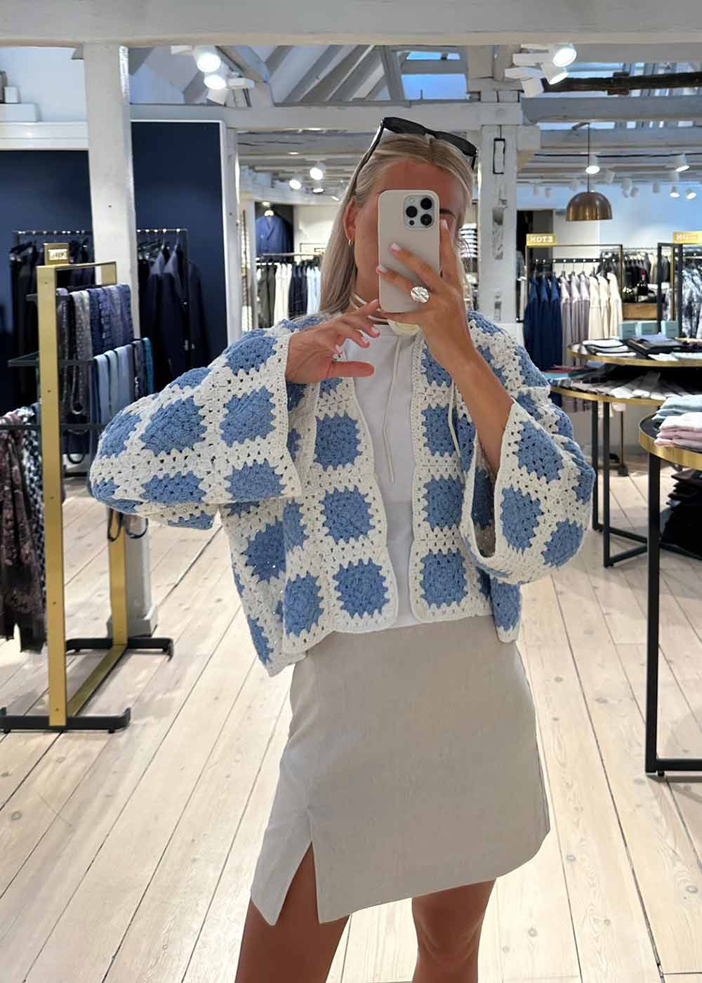 Lucca Crochet Cardigan - Cream Blue Squares