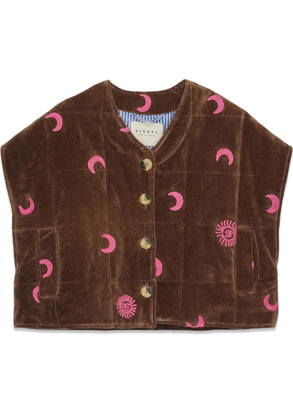 Olina Quilted Embroidery Vest - Chocolate & Rose