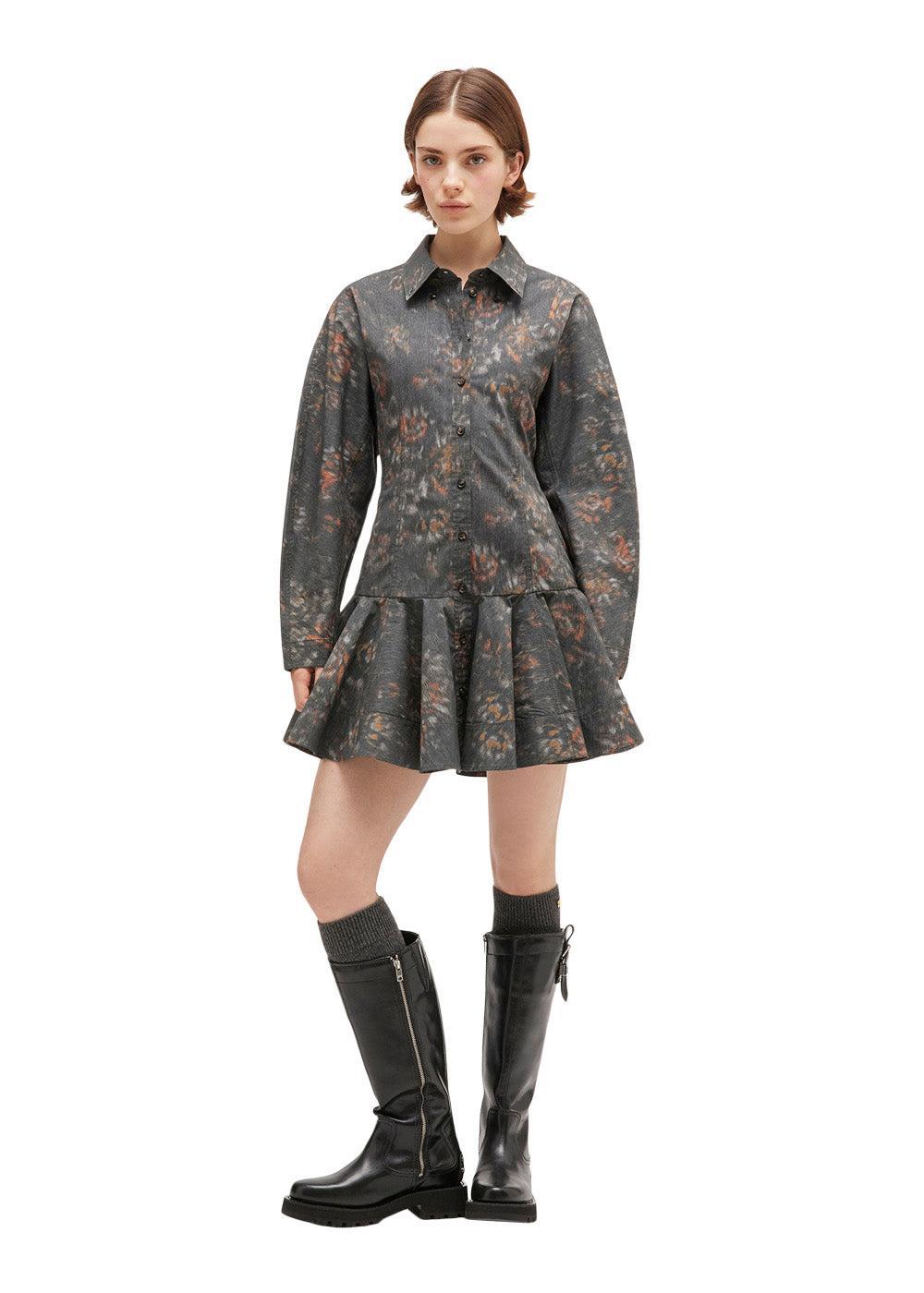 Printed Stretch Cotton Buttoned Mini Dress - Phantom-Dress-Ganni-Butler Loftet