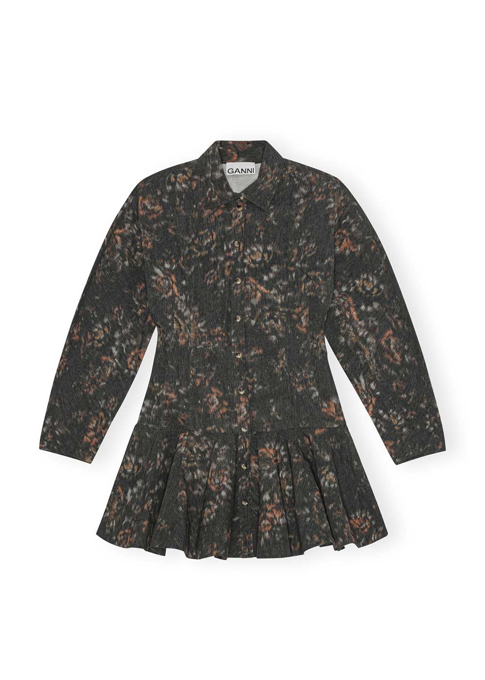 Printed Stretch Cotton Buttoned Mini Dress - Phantom-Dress-Ganni-Butler Loftet