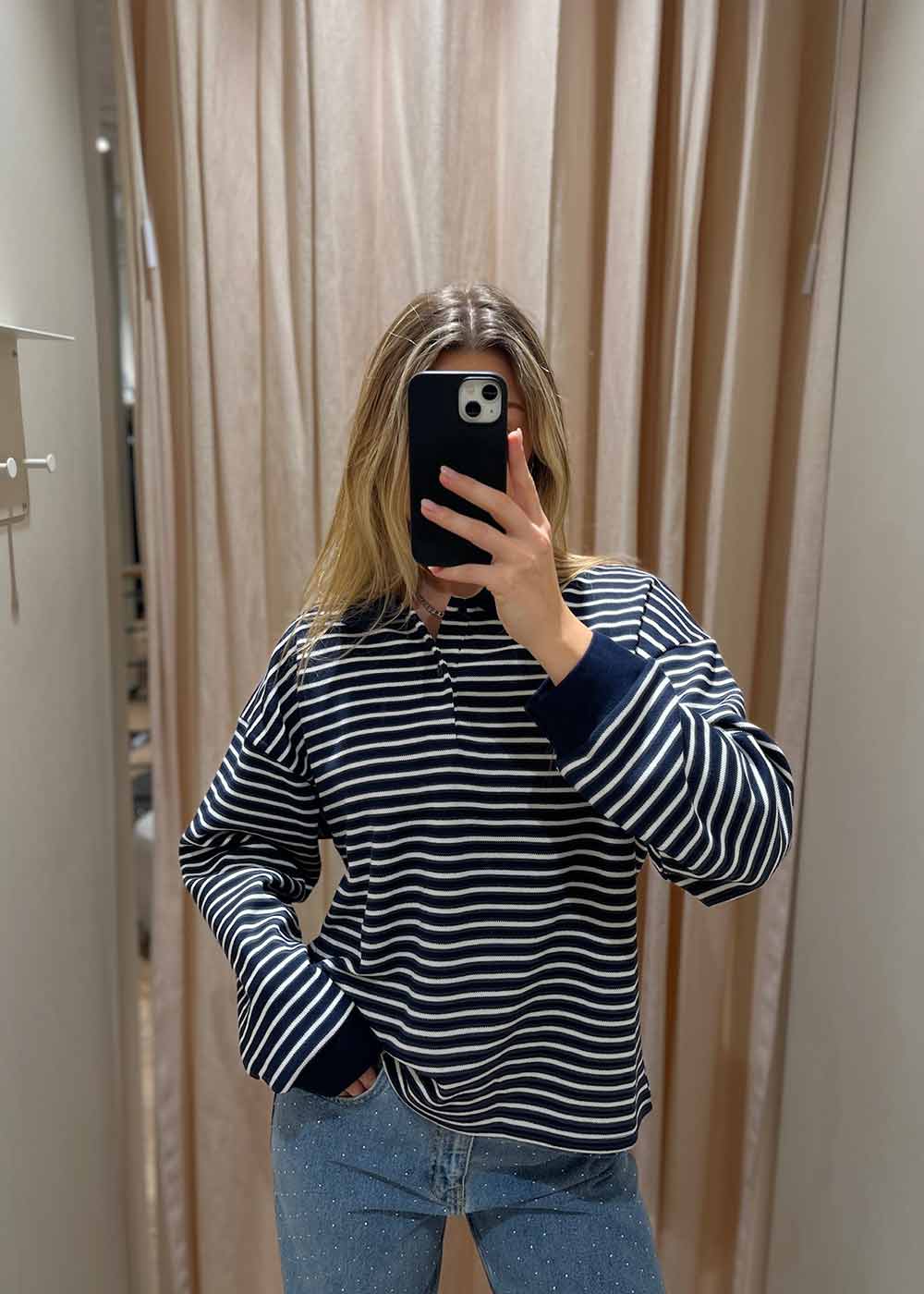 Sara Stripe Polo Blouse - Navy