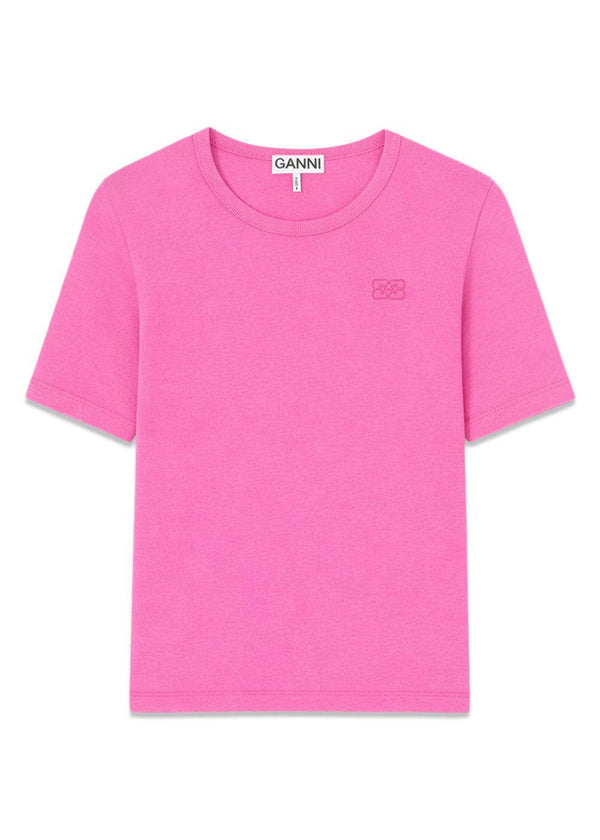Soft Cotton Rib Short Sleeve T-Shirt - Raspberry Rose-T-shirts-Ganni-Butler Loftet