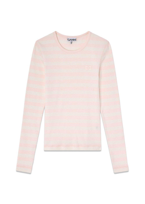 Soft Cotton Stripe Rib Longsleeve - Chalk Pink-T-shirts-Ganni-Butler Loftet