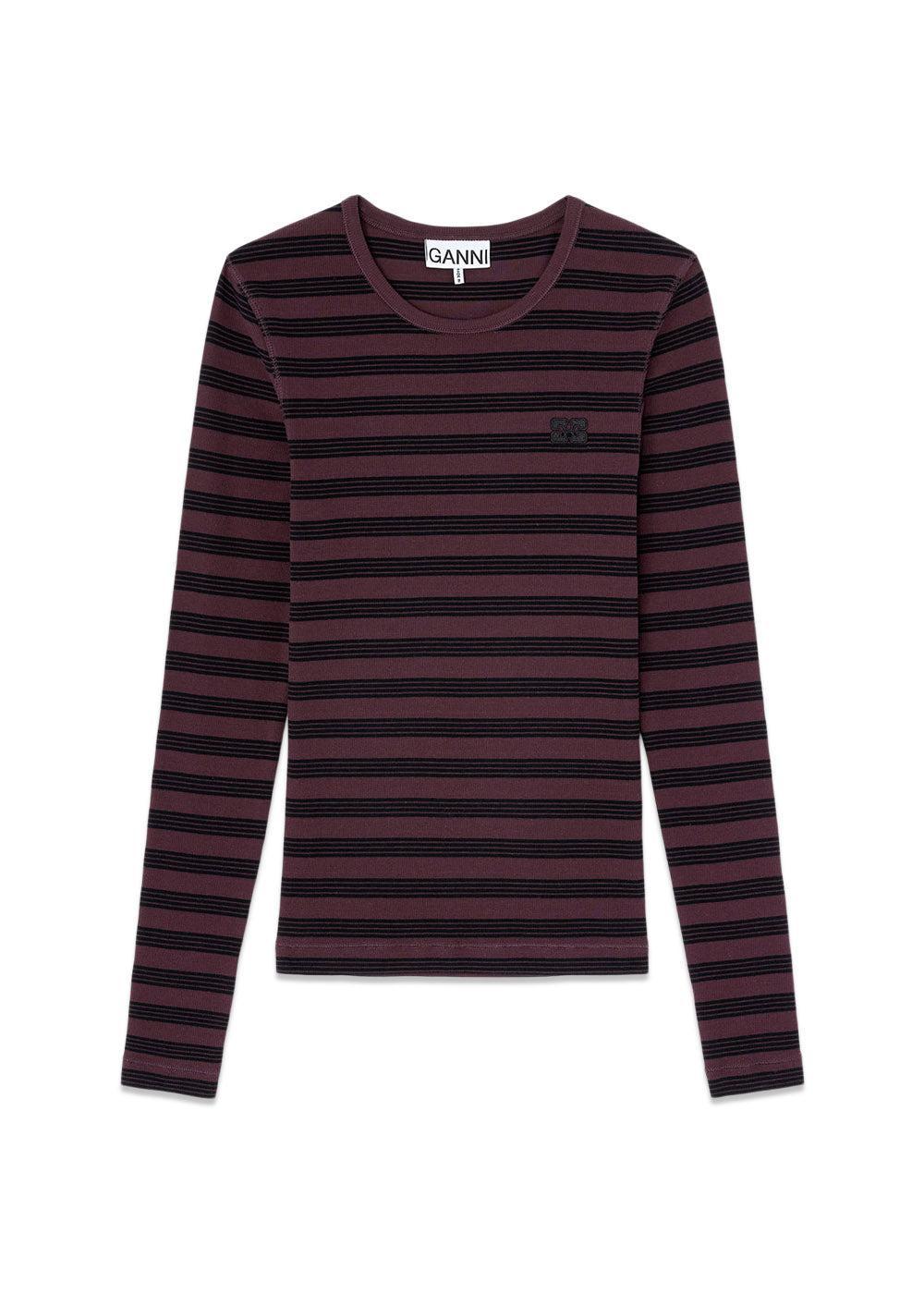 Soft Cotton Stripe Rib Longsleeve - Chocolate Plum-T-shirts-Ganni-Butler Loftet