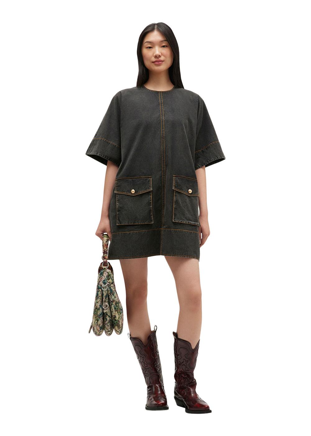 Washed Stretch Cotton Boxy Kimono Mini Dress - Black-Dress-Ganni-Butler Loftet