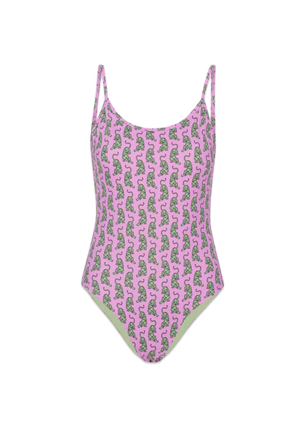 HUNKØN's Wilma Swimsuit - Pink Sneaking Tiger Art Print. Køb badetøj her.