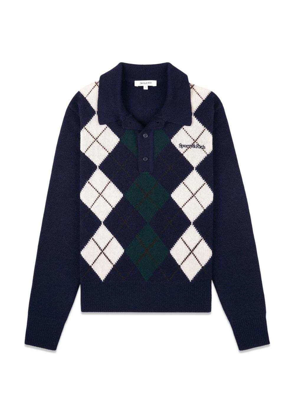 Serif Logo Argyle Cashmere Polo - Dark Navy