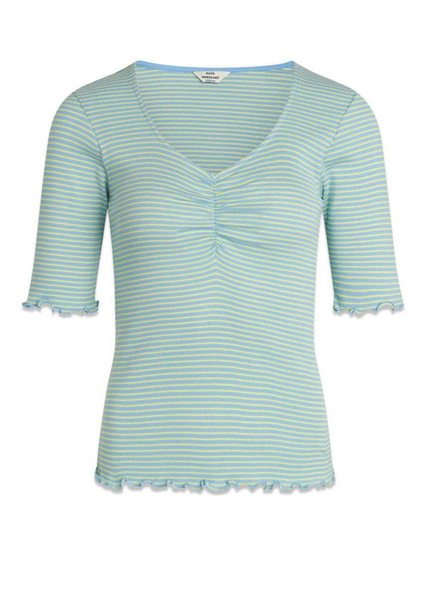 Mads Nørgaards 2x2 Cotton Stripe Tinna Tee - Della Robbia Blue/Sunny Lime. Køb t-shirts her.