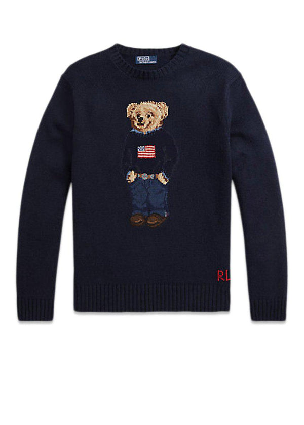 Ralph Laurens Bear Knitwear - Navy. Køb strik her.