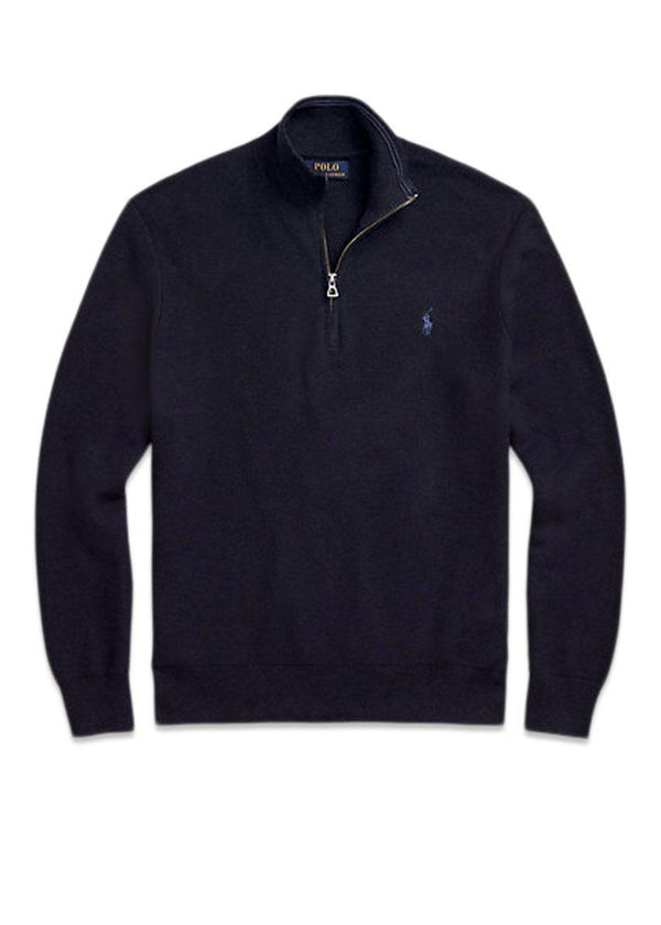 Ralph Laurens Half Zip Texture - Navy. Køb strik her.