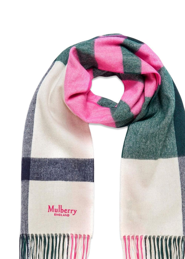 Mulberrys Large Check Merino Wool Scarf 70 x 200 - Cream. Køb scarf her.