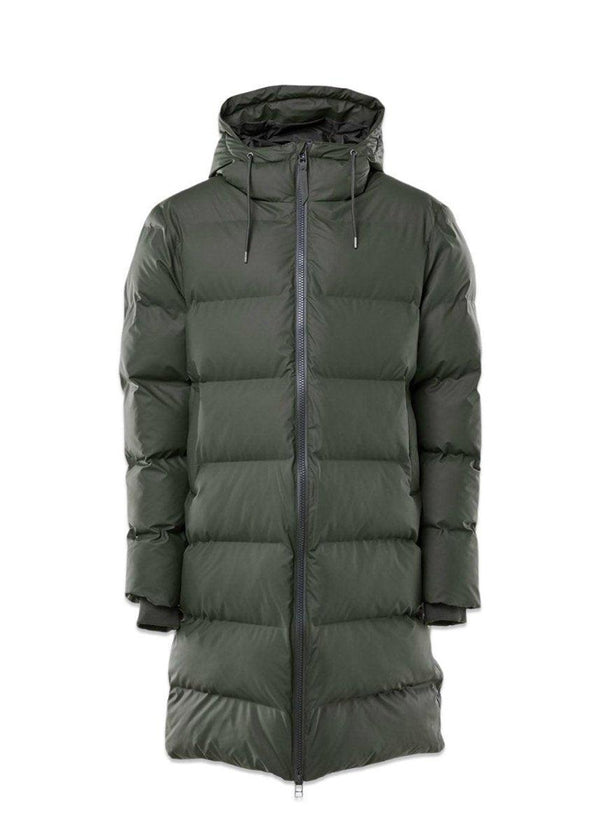 Rains' Long Puffer Jacket - Green. Køb overtøj her.