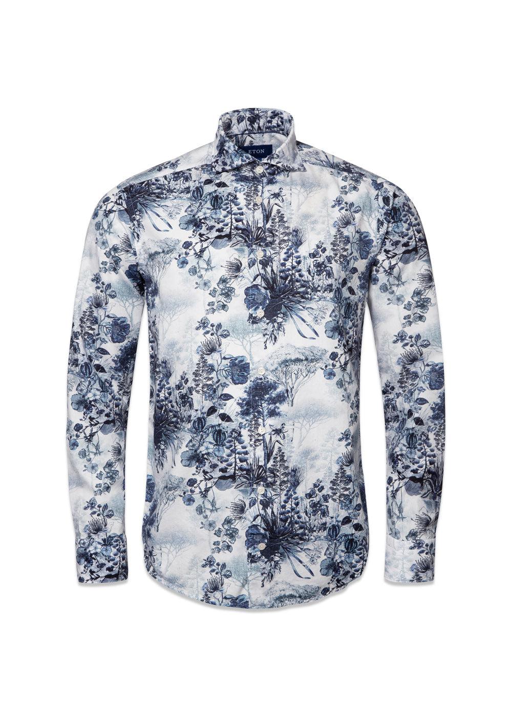 Etons Slim Floral Print Cotton-Tencel - Navy. Køb shirts her.