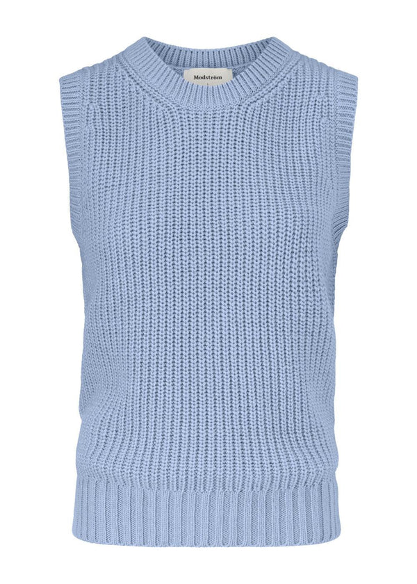 Modströms Timme vest - Blue Wash. Køb strik her.