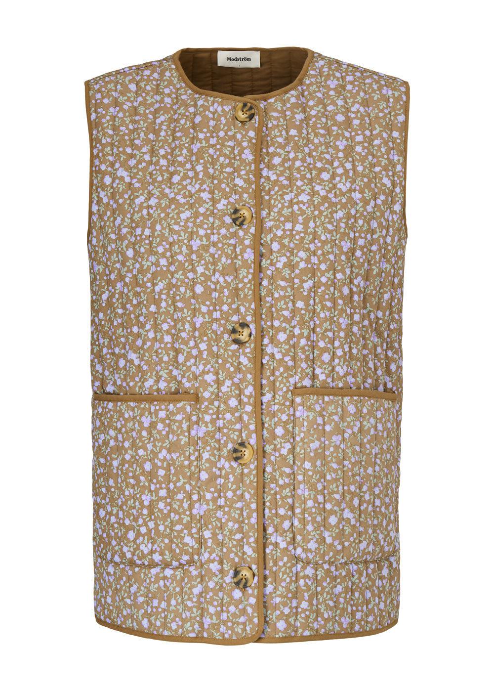 Modströms Tonni print vest - Camel Tulip. Køb veste her.