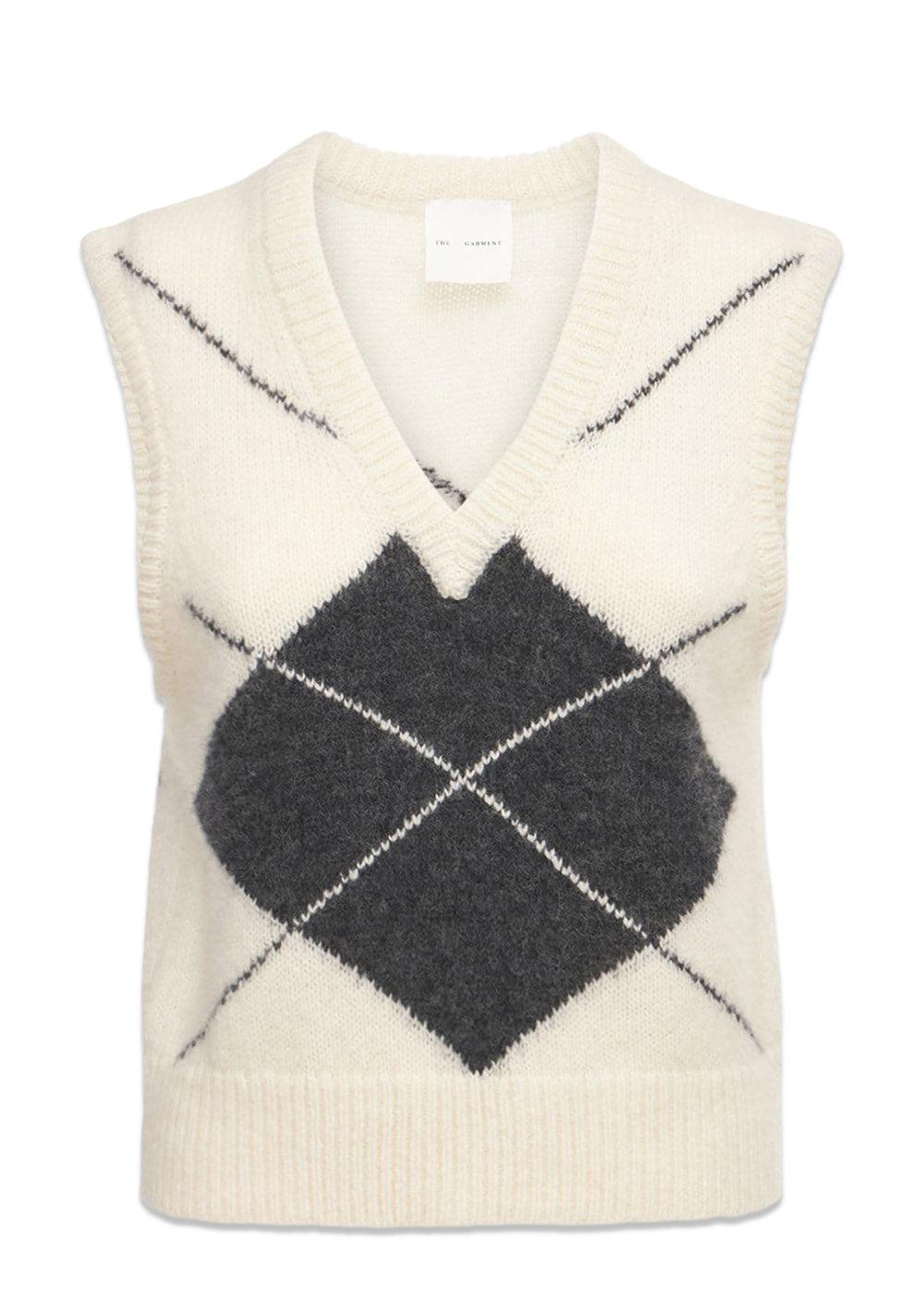 The Garments Verbier Vest - Cream/Grey Argyle. Køb veste her.