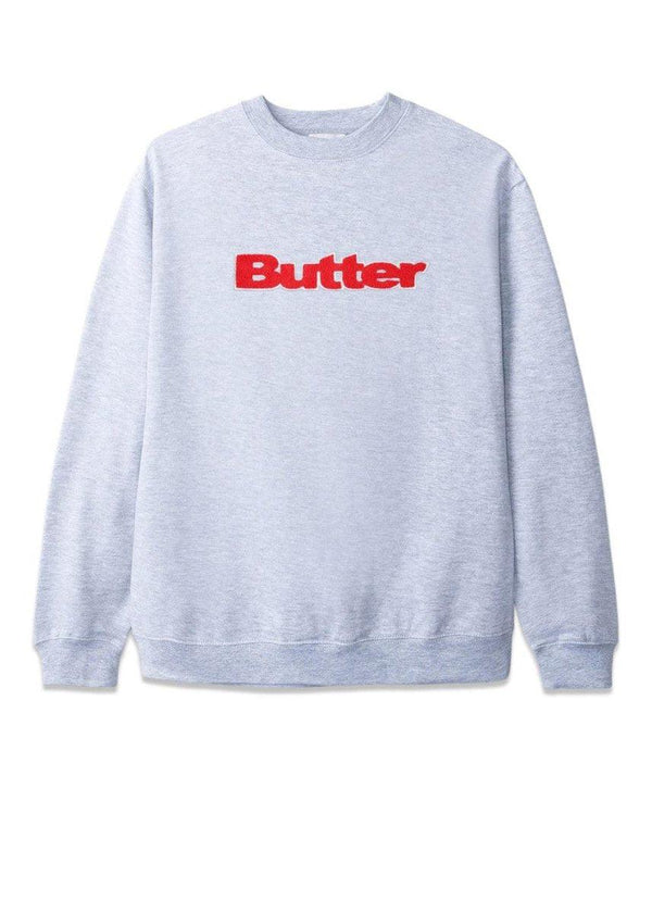 Butter Goods' chenille logo crewneck - Ash Grey. Køb sweatshirts her.