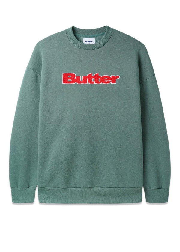 Butter Goods' chenille logo crewneck - Spruce. Køb sweatshirts her.