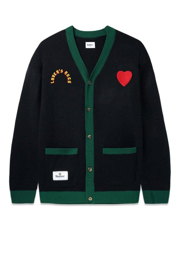 Butter Goods' lovers rock knit cardigan - Black / Green. Køb strik her.