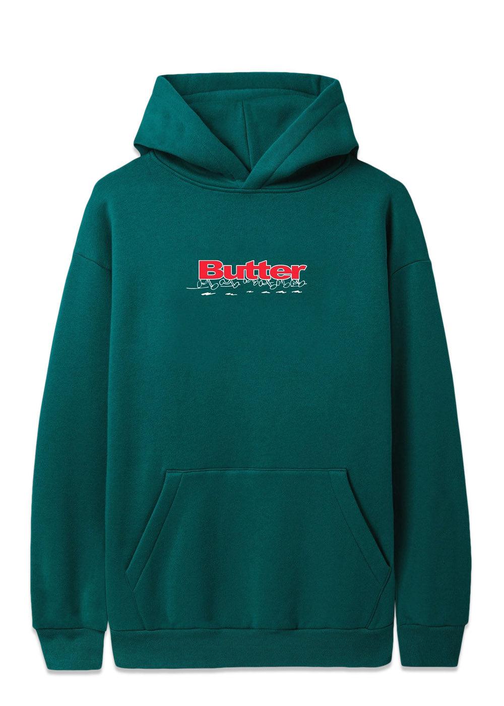 Butter Goods' running logo pullover hood - Pine Green. Køb hoodies her.