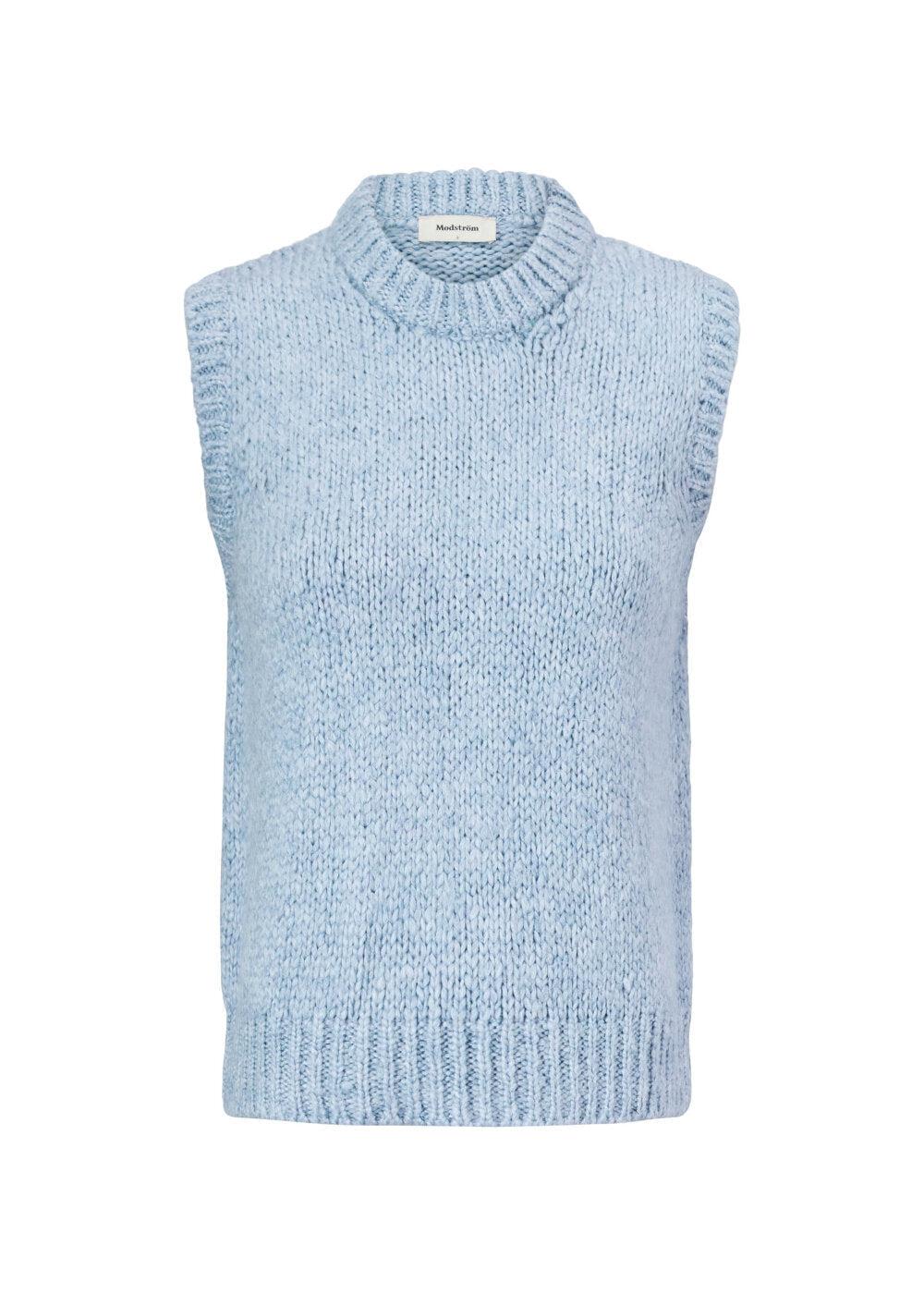 Modströms Valentia vest - Blue Wash. Køb strik her.